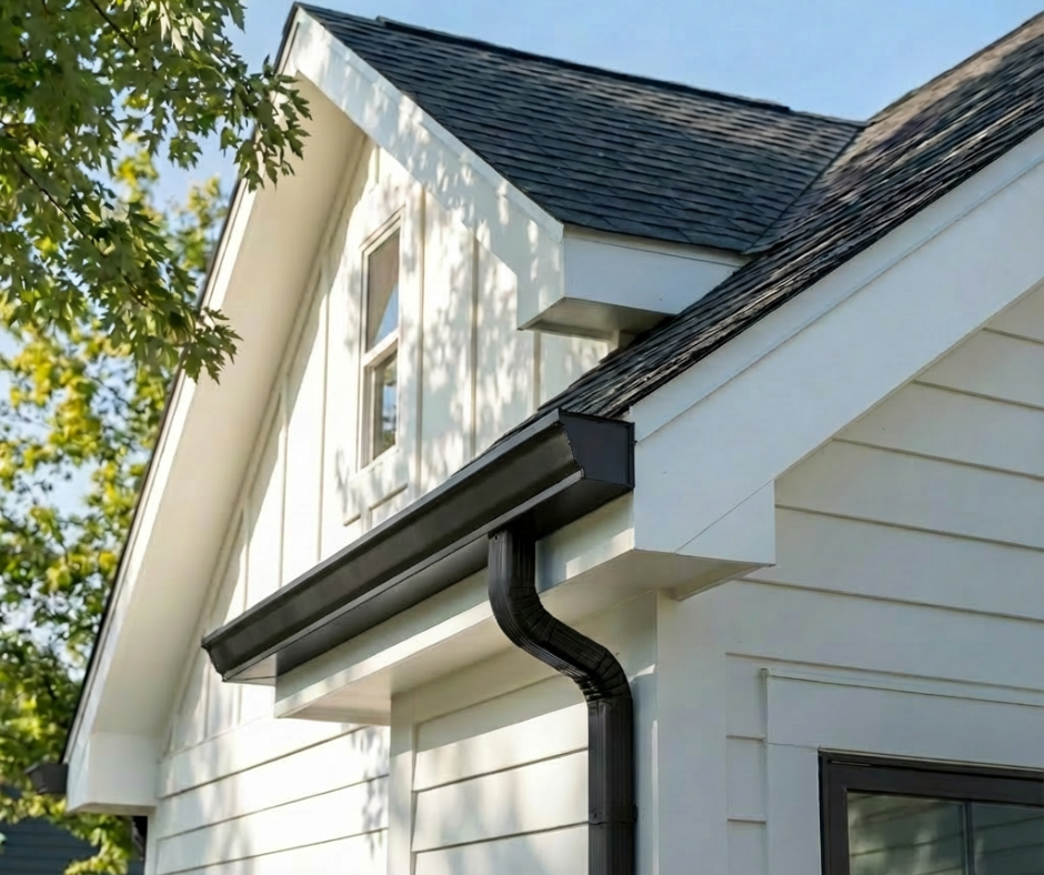 Shingles on a modern white farmhouse roof
