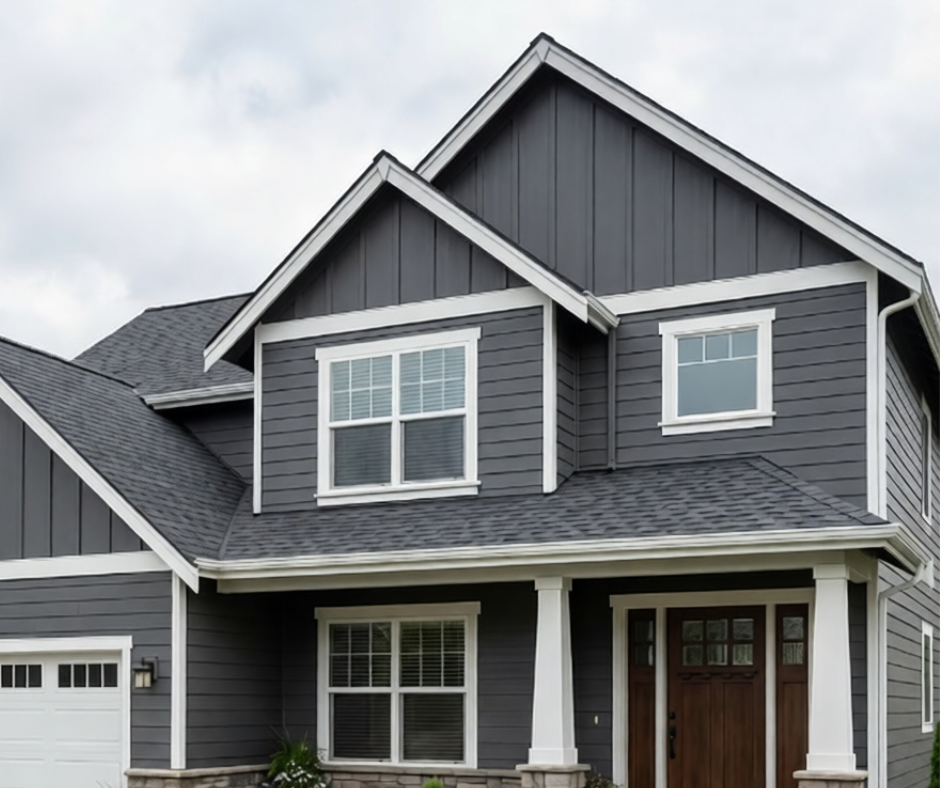 Outside of modern house with grey siding